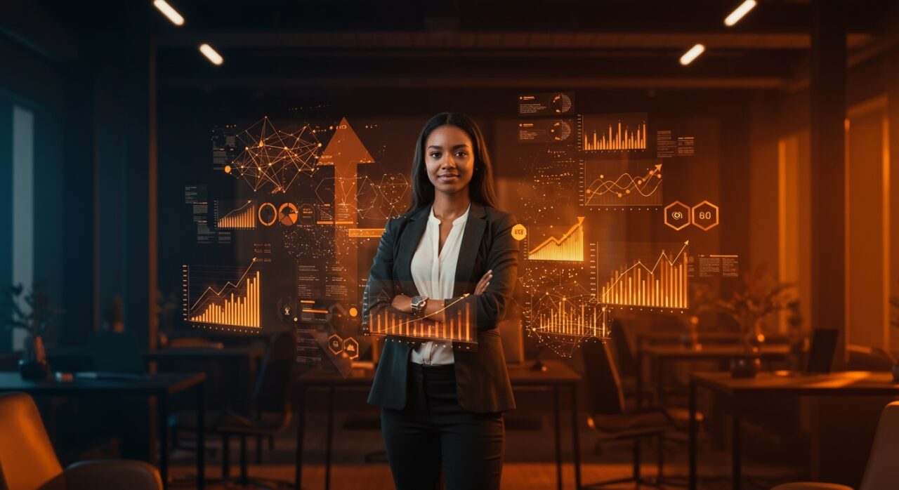 Mujer líder de startup destacada en un espacio moderno con gráficos digitales, representando innovación y liderazgo en el ecosistema emprendedor de tecnología.