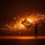 Preservación de videojuegos con enfoque en retos legales y técnicos clave para mantener el software legacy, ilustrado con metáforas digitales en paleta naranja y negro.