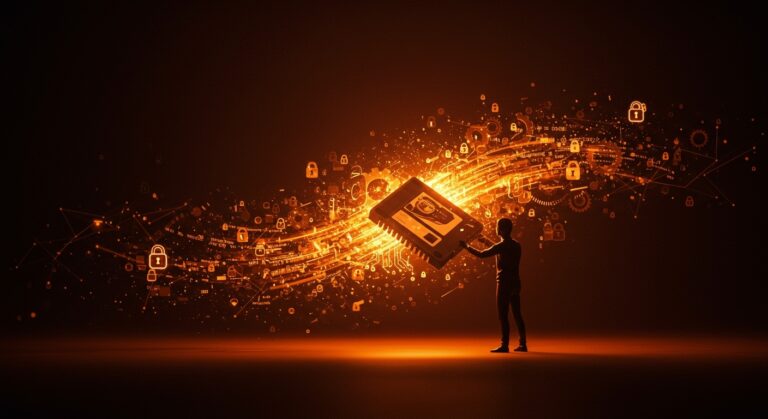 Preservación de videojuegos con enfoque en retos legales y técnicos clave para mantener el software legacy, ilustrado con metáforas digitales en paleta naranja y negro.