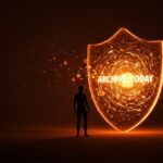 Ilustración conceptual de presiones legales sobre AdGuard DNS para bloquear Archive.today, destacando riesgos en regulación digital y ciberseguridad.