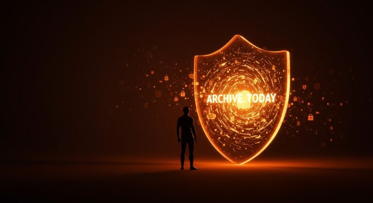 Ilustración conceptual de presiones legales sobre AdGuard DNS para bloquear Archive.today, destacando riesgos en regulación digital y ciberseguridad.