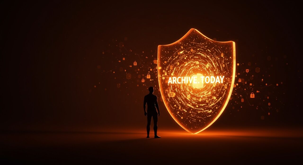 Ilustración conceptual de presiones legales sobre AdGuard DNS para bloquear Archive.today, destacando riesgos en regulación digital y ciberseguridad.