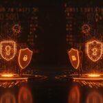 Conflicto simbólico entre OpenAI y The New York Times sobre la privacidad y protección de datos en ChatGPT, representado con metáforas digitales de seguridad y redes neuronales de IA.