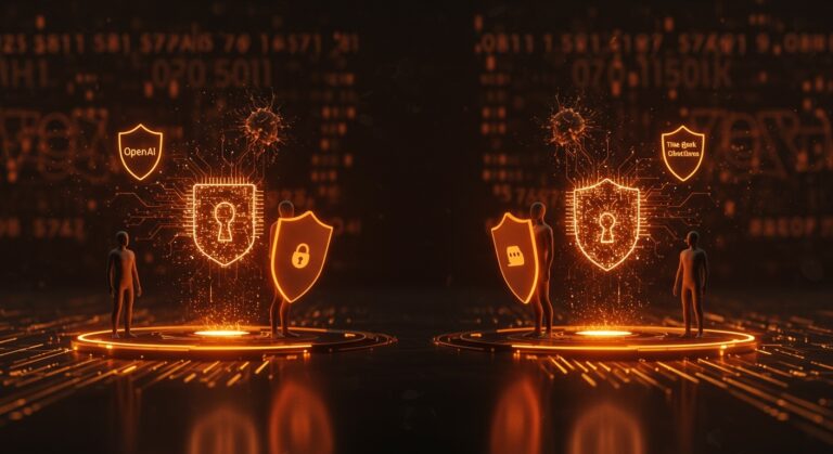 Conflicto simbólico entre OpenAI y The New York Times sobre la privacidad y protección de datos en ChatGPT, representado con metáforas digitales de seguridad y redes neuronales de IA.