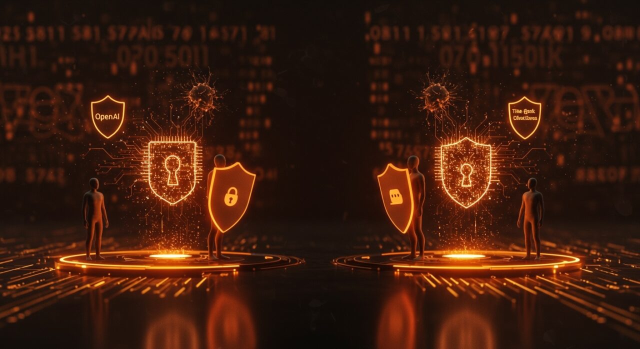 Conflicto simbólico entre OpenAI y The New York Times sobre la privacidad y protección de datos en ChatGPT, representado con metáforas digitales de seguridad y redes neuronales de IA.