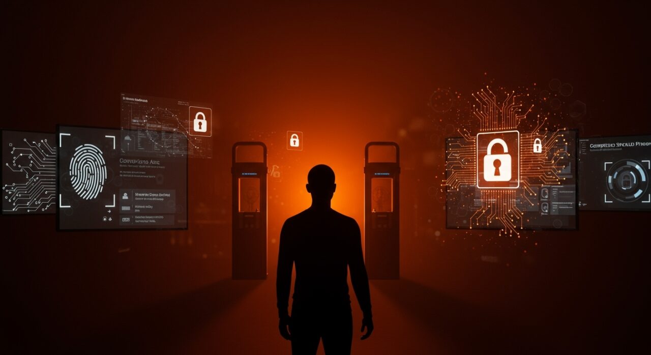 Fundador frente a escáneres biométricos y pantallas de privacidad, representando desafíos de privacidad y compliance en startups con tecnología biométrica.