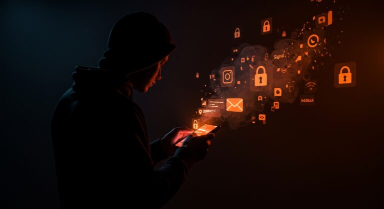 Ilustración de privacidad digital y cifrado en Francia con simbolismo visual de apps Signal y AdBlock en entorno regulatorio polémico.