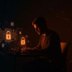 Fundador tech analizando privacidad en Signal con elementos visuales de mensajería segura y comunicaciones cifradas en paleta naranja y negro.