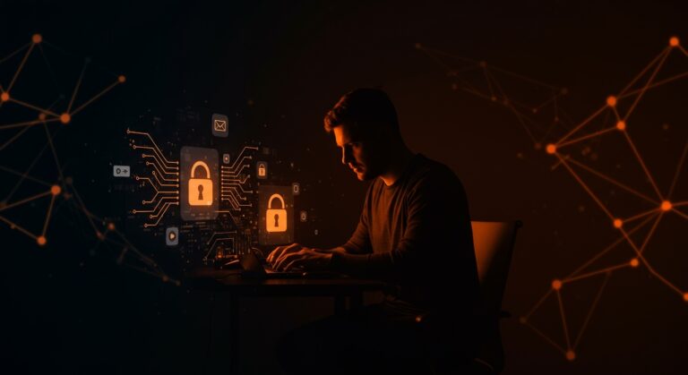 Fundador tech analizando privacidad en Signal con elementos visuales de mensajería segura y comunicaciones cifradas en paleta naranja y negro.