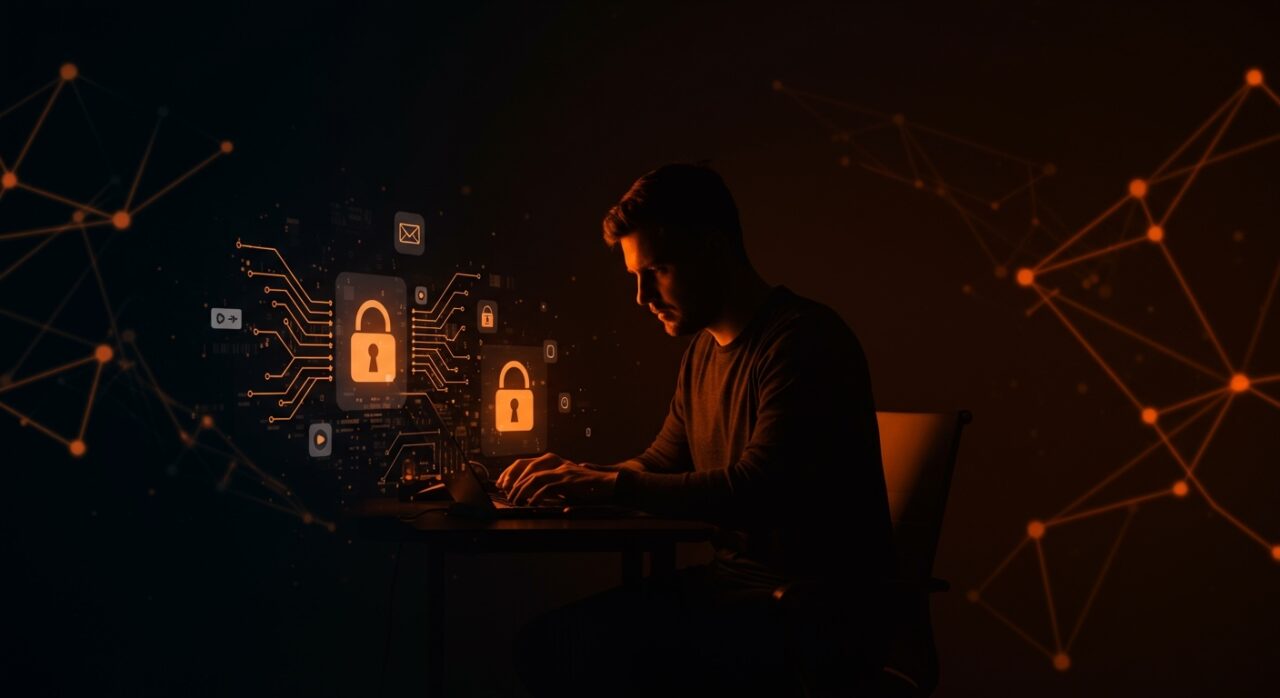 Fundador tech analizando privacidad en Signal con elementos visuales de mensajería segura y comunicaciones cifradas en paleta naranja y negro.
