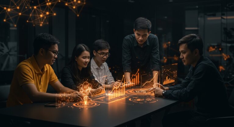 Emprendedores universitarios vietnamitas colaborando en programa UniVentures con mentoría e inversión internacional para startups.