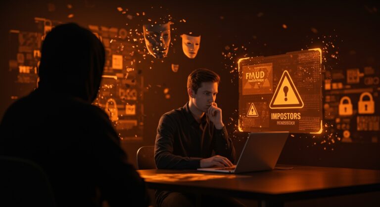 Escena digital dramatizando cómo una startup protege su seguridad frente a fraudes e impostores suplantando a TechCrunch.