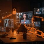 Videoconferencia segura con cifrado de extremo a extremo para startups tecnológicas, representada en un entorno de trabajo futurista con elementos visuales de privacidad y protección de datos.