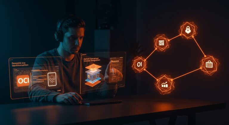 Fundador tech utilizando Proxmox 9.1 para ejecutar contenedores Docker nativos, mostrando automatización y optimización de recursos en un entorno tecnológico moderno.