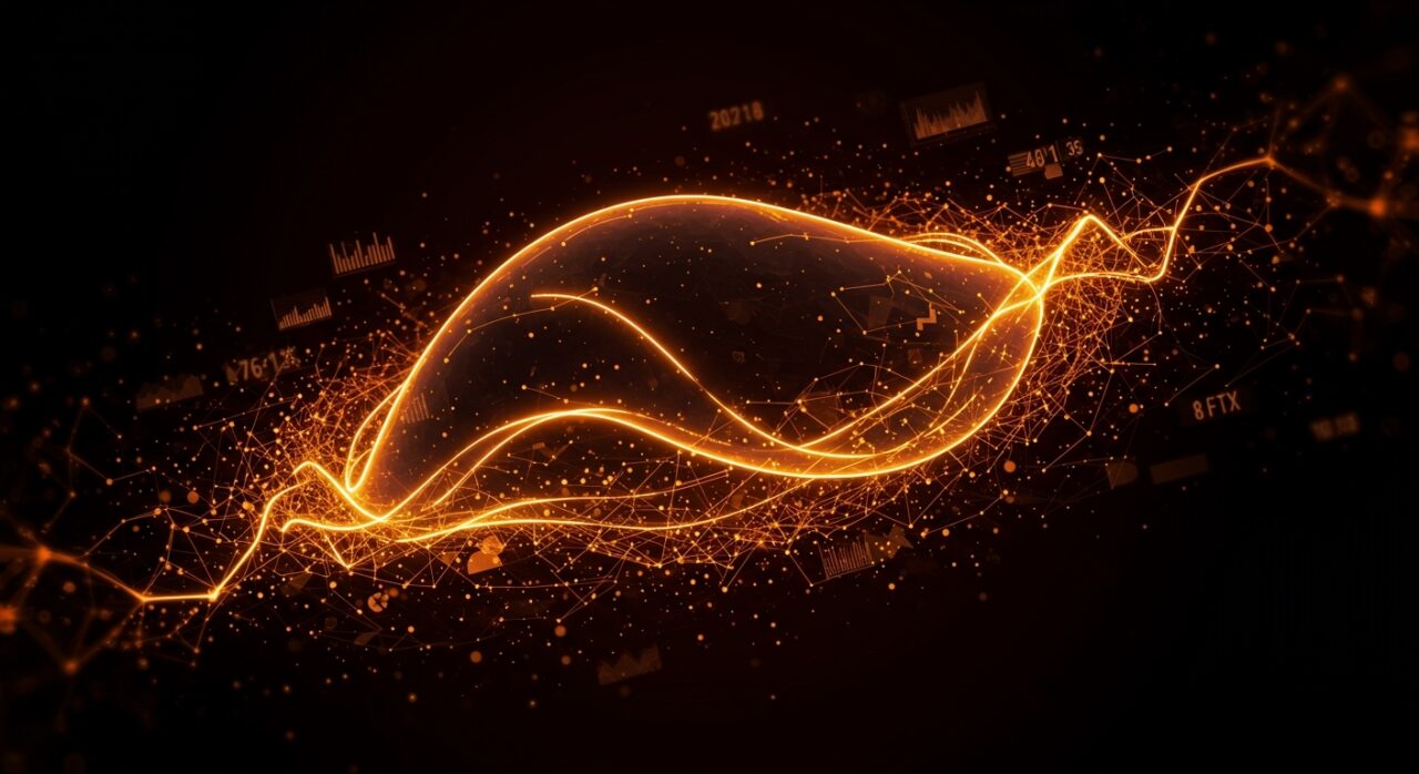 Visualización digital de un manifold con redes neuronales de IA y flujos de datos en la paleta naranja y negro del ecosistema startup, destacando su importancia en tecnología y análisis de datos.