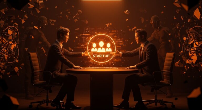 Negociación conflictiva en la venta de startup con elementos visuales que representan estafa y falta de transparencia en LATAM.