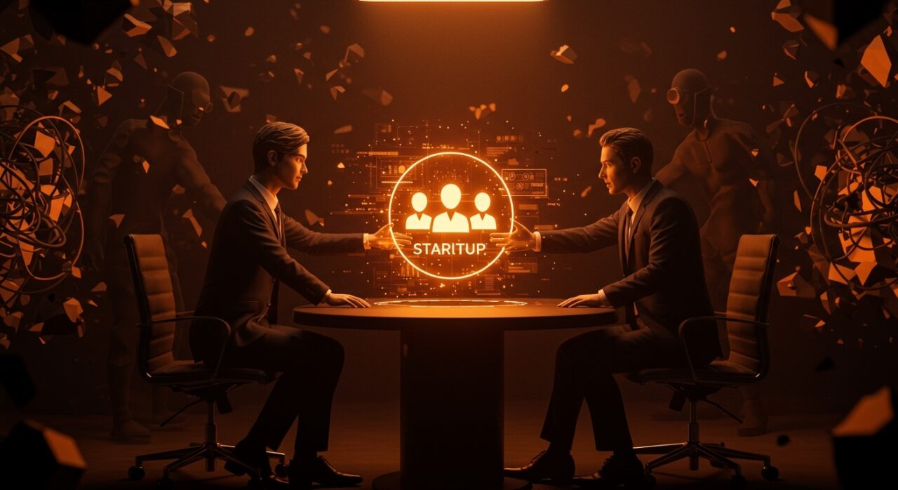 Negociación conflictiva en la venta de startup con elementos visuales que representan estafa y falta de transparencia en LATAM.