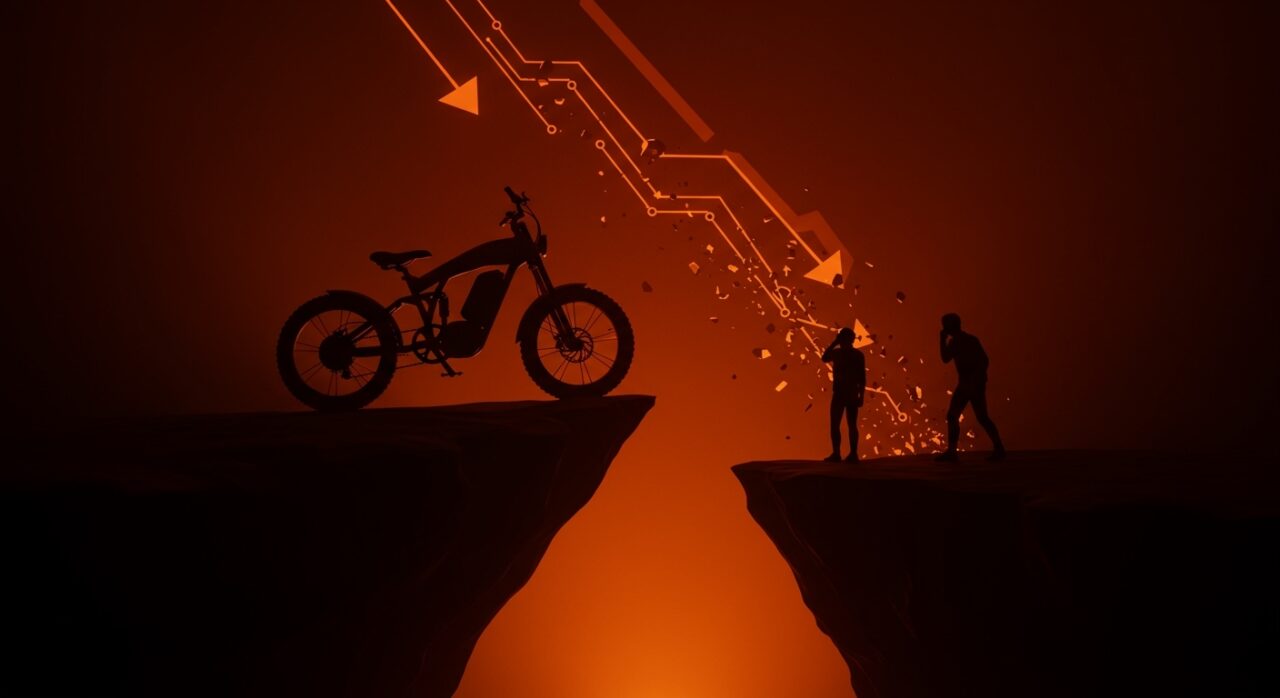 Imagen dramática de una bicicleta eléctrica Rad Power Bikes en riesgo de cierre por falta de financiación en startup tecnológica.