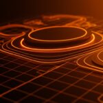 Visualización en 2D de ray marching con sombras suaves y gráficos avanzados en la paleta naranja y negro para tecnología y visualización.