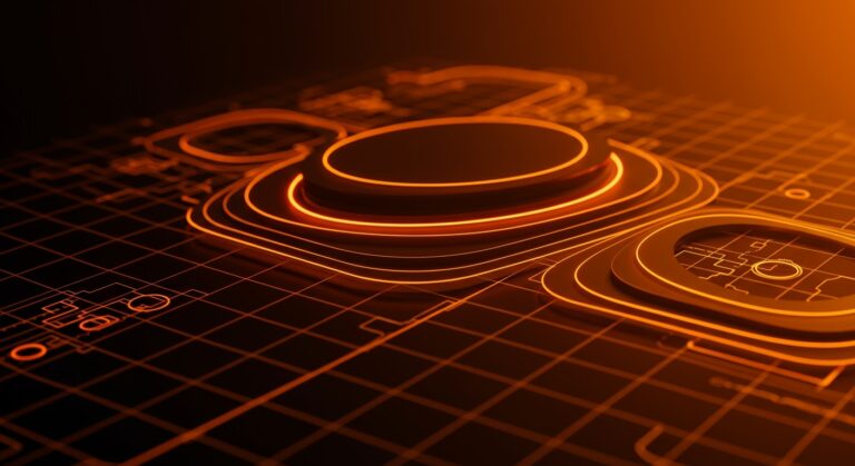 Visualización en 2D de ray marching con sombras suaves y gráficos avanzados en la paleta naranja y negro para tecnología y visualización.
