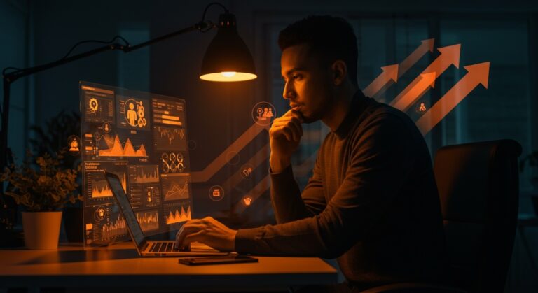 Fundador tech analizando datos sobre reaplicación SNAP 2025 y políticas de asistencia social en Estados Unidos con ambientación en naranja y negro.