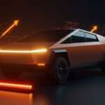 Tesla Cybertruck destacado con señal de advertencia en barra de luz, representando recall y lecciones de seguridad para startups de hardware.