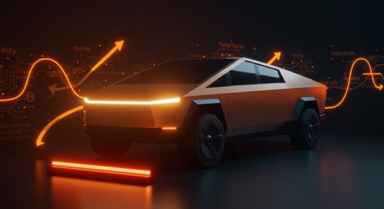 Tesla Cybertruck destacado con señal de advertencia en barra de luz, representando recall y lecciones de seguridad para startups de hardware.