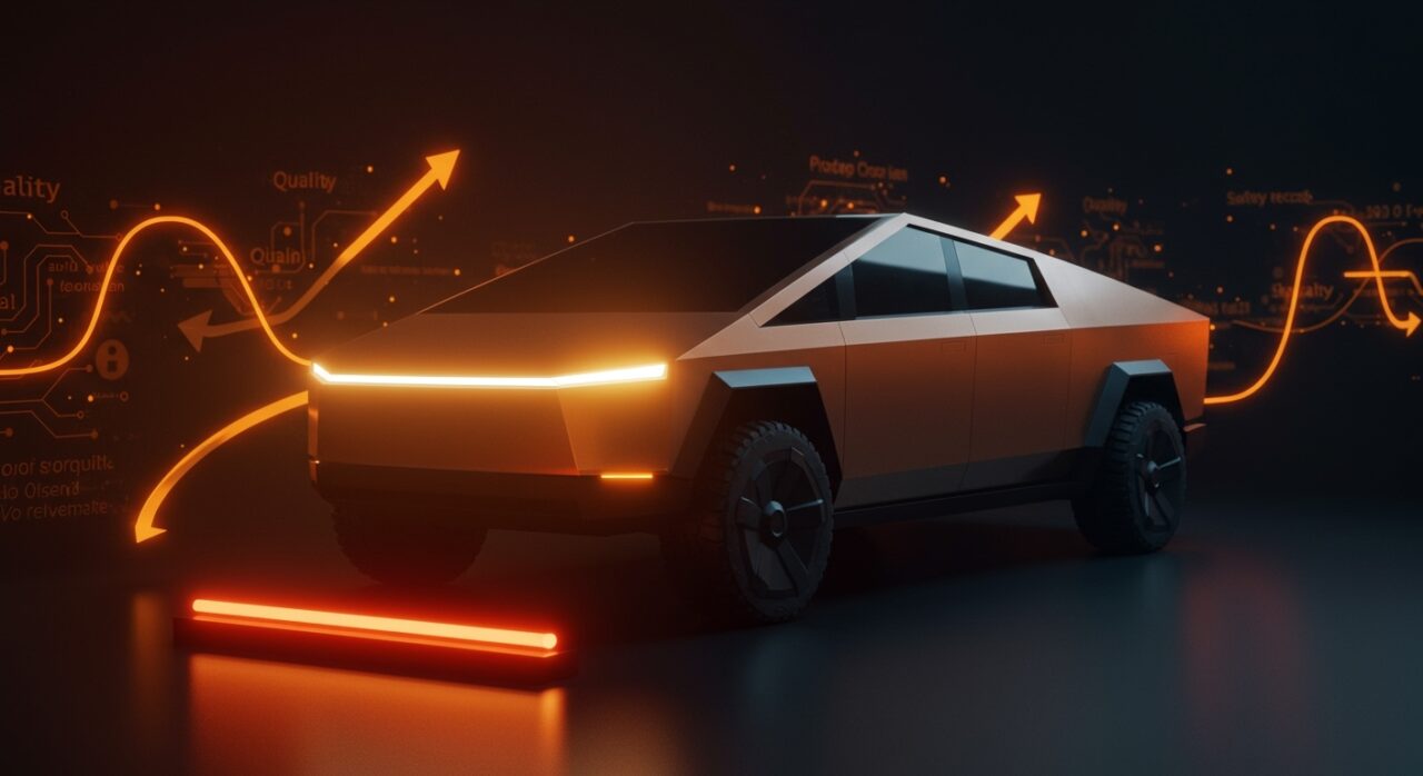 Tesla Cybertruck destacado con señal de advertencia en barra de luz, representando recall y lecciones de seguridad para startups de hardware.