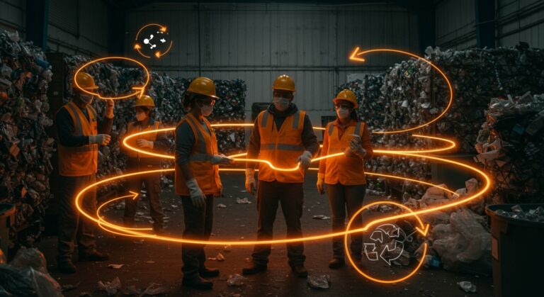 Recicladores profesionales colaborando en economía circular y emprendimiento social en Latinoamérica con enfoque en sostenibilidad.