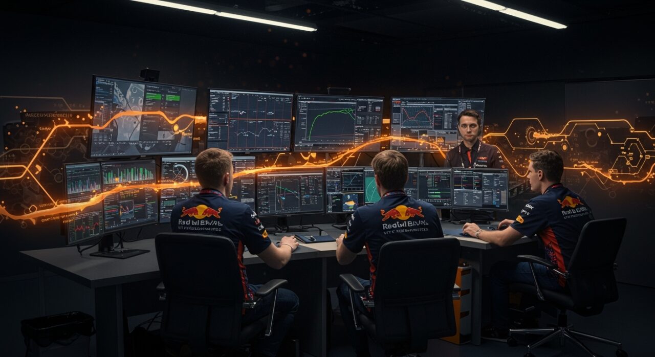 Equipo de Red Bull Racing colaborando en workflows optimizados con ciencia de datos para potenciar su cultura organizacional y agilidad.