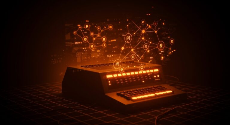 Red neuronal histórica Xortran en FORTRAN con metáforas visuales de retrocomputación y backpropagation en PDP-11, destacando IA aplicada en startups LATAM.