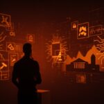 Figura simbólica de emprendedor ante redes neuronales y edificios gubernamentales, ilustrando la regulación estatal de IA en la administración Trump y su impacto en startups tecnológicas.