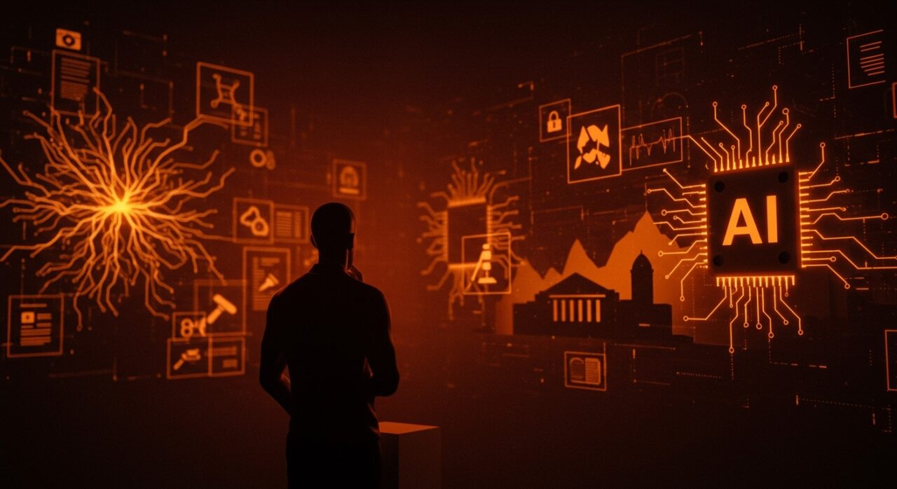 Figura simbólica de emprendedor ante redes neuronales y edificios gubernamentales, ilustrando la regulación estatal de IA en la administración Trump y su impacto en startups tecnológicas.