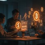 Equipo fintech colaborando con símbolos holográficos de criptomonedas y documentos regulatorios en Reino Unido, destacando cumplimiento y oportunidades para startups.