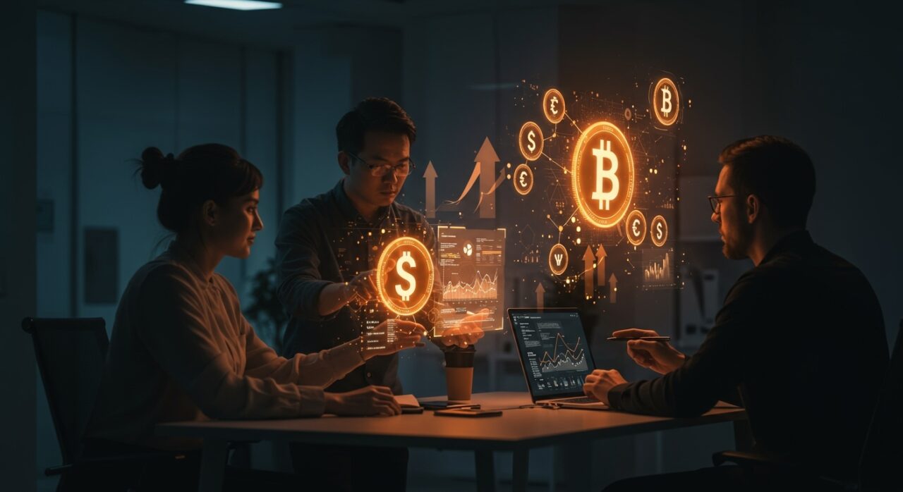 Equipo fintech colaborando con símbolos holográficos de criptomonedas y documentos regulatorios en Reino Unido, destacando cumplimiento y oportunidades para startups.