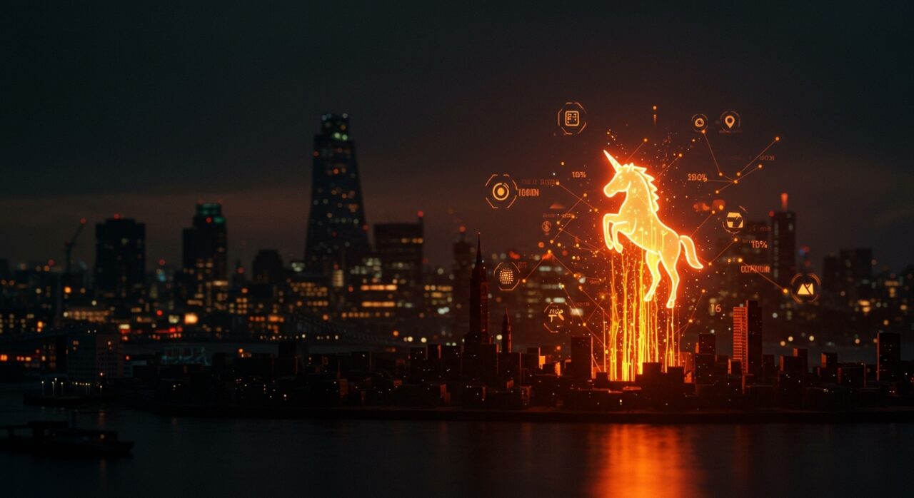 Unicornio emergiendo en el skyline de Londres representando la creación de startups unicornios en Reino Unido y la inversión venture capital en tecnología.