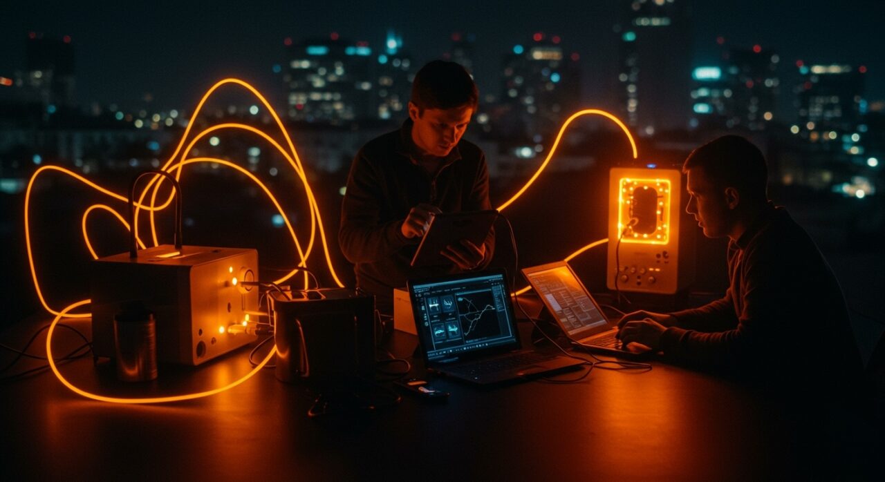 Startups ucranianas mostrando resiliencia energética con dispositivos y baterías durante cortes de energía en crisis.