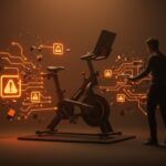 Bicicleta Peloton en un entorno tecnológico con elementos visuales de seguridad de producto y gestión de crisis en startups.