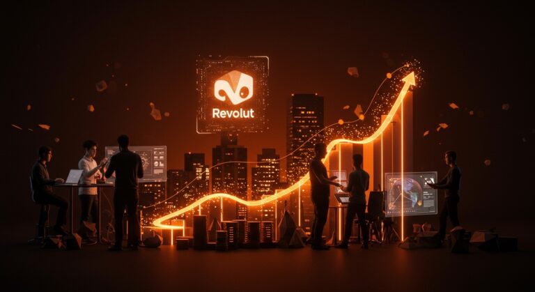 Visual futurista de la valoración récord de Revolut en fintech con colaboración de founders y conexiones de inversión en Europa y LATAM.