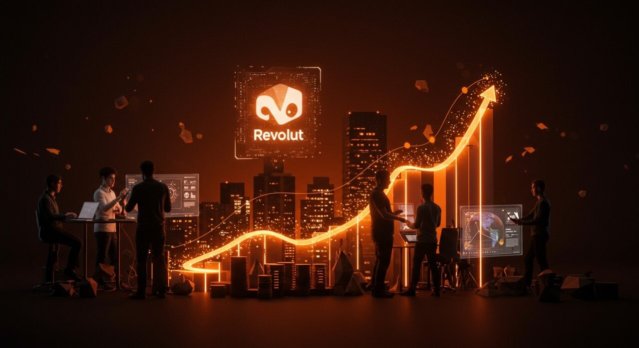 Visual futurista de la valoración récord de Revolut en fintech con colaboración de founders y conexiones de inversión en Europa y LATAM.
