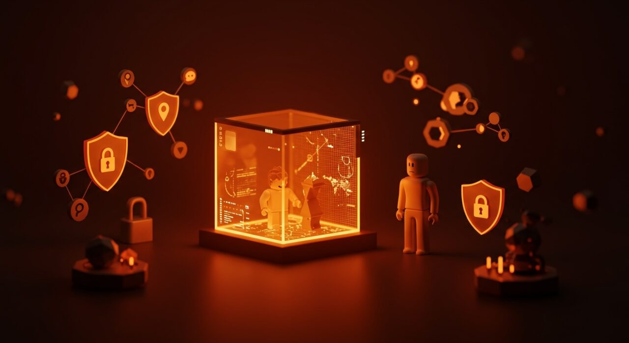 Escena visual de seguridad infantil en plataformas digitales Roblox con metáforas de ética y regulación tecnológica en startups.