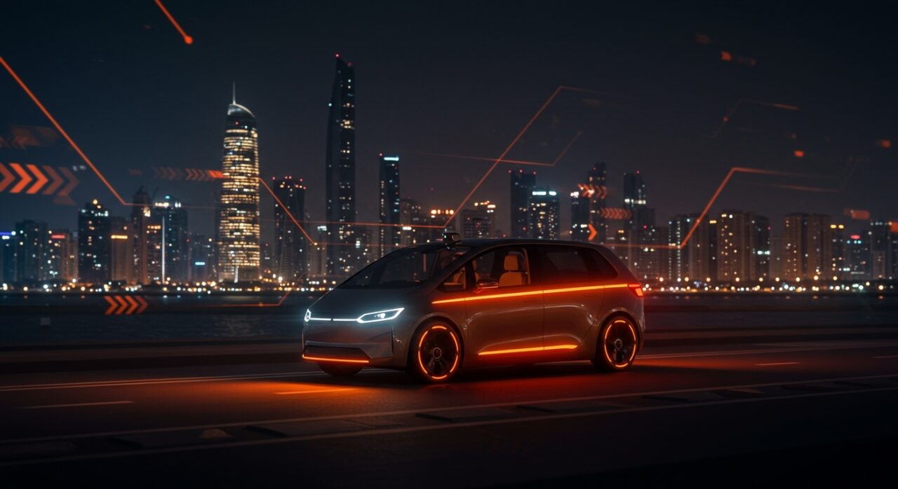Robotaxi autónomo de Uber y WeRide operando en Abu Dhabi, representando movilidad autónoma y tendencias tecnológicas.