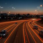 Escena futurista de robotaxis autónomos en autopista, destacando la expansión y tendencias en movilidad autónoma lideradas por Waymo.