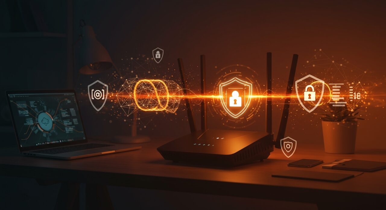 Router VPN doméstico avanzado con OpenWrt y WireGuard mostrando protección total y automatización de red para privacidad y seguridad de dispositivos.