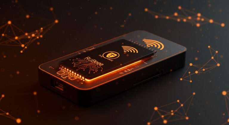 Dispositivo IoT seguro con tecnología RuBee destacando ventajas sobre RFID y BLE, enfocado en seguridad y aplicaciones militares.