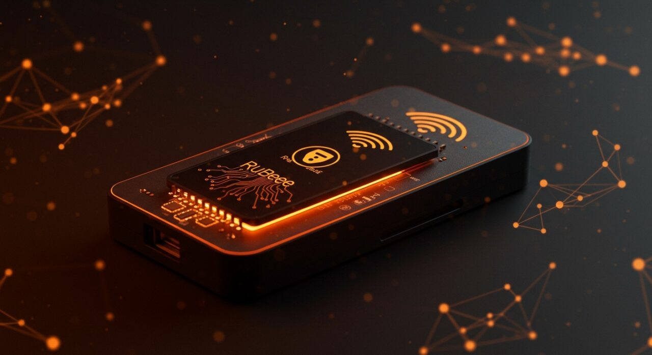 Dispositivo IoT seguro con tecnología RuBee destacando ventajas sobre RFID y BLE, enfocado en seguridad y aplicaciones militares.