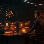 Fundadora tecnológica en plataforma de seguridad IA de Runlayer con visuales futuristas que simbolizan startup, automatización segura y funding.