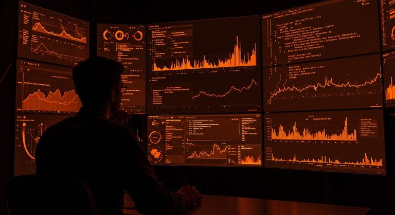 Founder analizando código Rust y métricas de performance resaltando ventajas y desafíos tecnológicos en entorno startup.