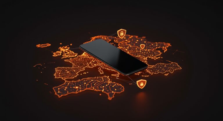 Smartphone con Sailfish OS sobre un mapa digital de Europa simbolizando la alternativa europea de sistema operativo móvil basado en Linux y tecnología abierta.