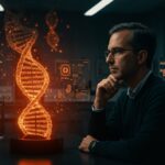 Sam Altman en laboratorio innovador de Silicon Valley con hélice de ADN iluminada, simbolizando edición genética y ética en biotecnología.